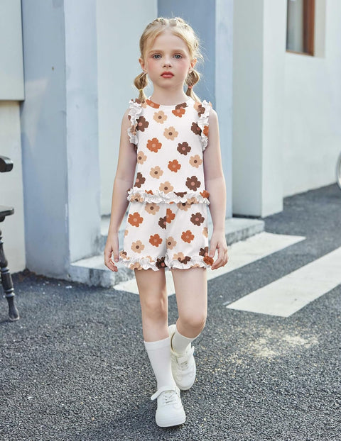 Arshiner Toddler Girls Clothes Ribbed Knit Ruffle Sleeveless Tops and Shorts with Pockets Cute Summer 2 Pieces Short Sets