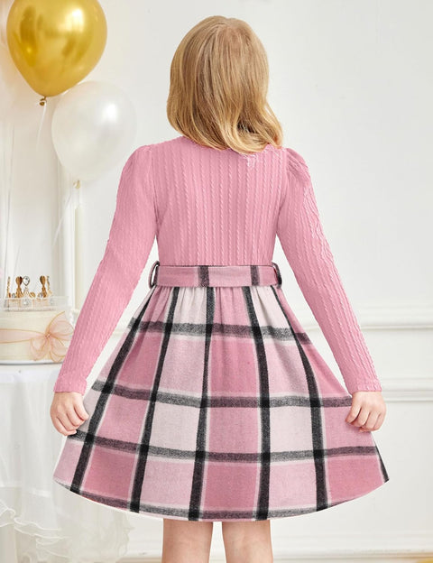 Arshiner Girls Dresses Puff Long Sleeve Rib Knit Plaid Belted Dress