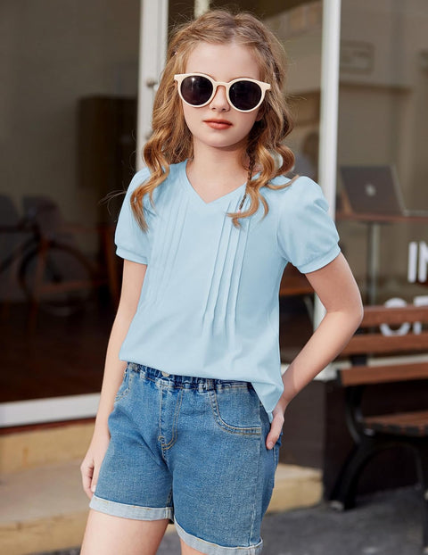 Arshiner Girls Puff Short Sleeve Shirts Pleated Tunic Top