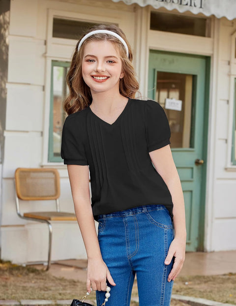 Arshiner Girls Puff Short Sleeve Shirts Pleated Tunic Top