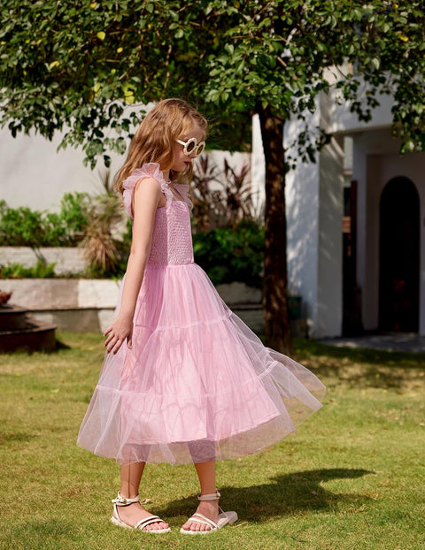Arshiner Tween Girls Dress Ruffle Sleeve Elastic Straps Smocked Tulle Sundress