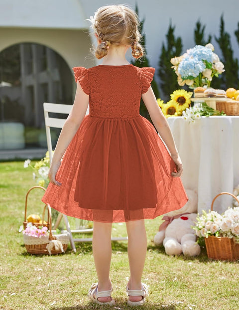 【2-8Y】Arshiner Toddler Lace Tutu Dresses Ruffle Sleeve 3 Layers Tulle Flower Dress