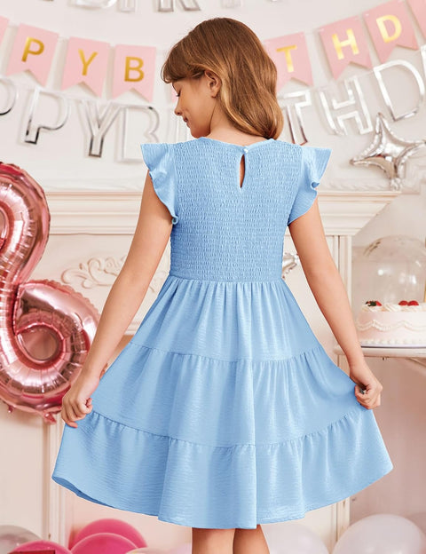 Arshiner Girls Dress Ruffle Sleeve Smocked Tiered Sundress