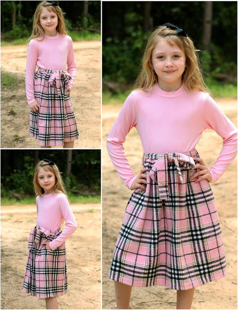 Arshiner Girls Dresses Long Sleeve Rib Knit Plaid Patchwork Belted Dress