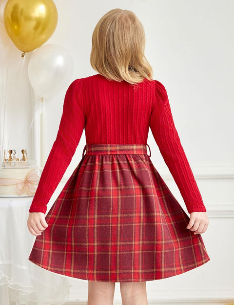 Arshiner Girls Dresses Puff Long Sleeve Rib Knit Plaid Belted Dress