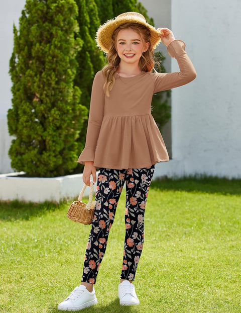 Arshiner Girls 2 Piece Set Floral Ruffle Hem Bell Sleeve Top and Leggings