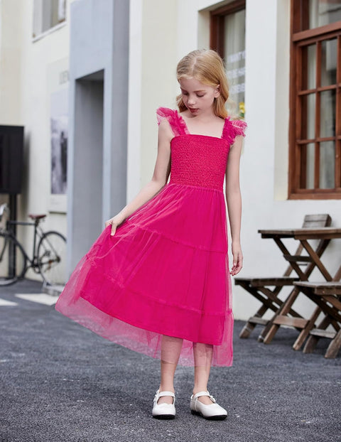 Arshiner Tween Girls Dress Ruffle Sleeve Elastic Straps Smocked Tulle Sundress