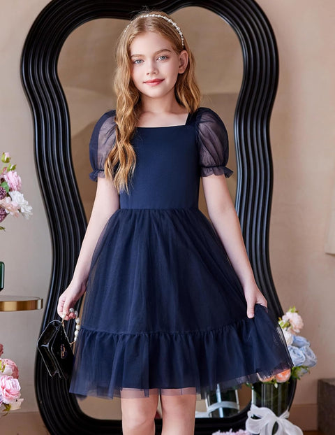 【6-16Y】Arshiner Girls Dresses Tulle Bow Tie Back Puff Sleeve Dress