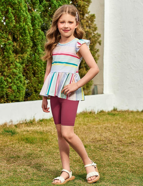 Arshiner Girls 2 Piece Outfit Ruffle Sleeve Peplum Top And Biker Shorts Set