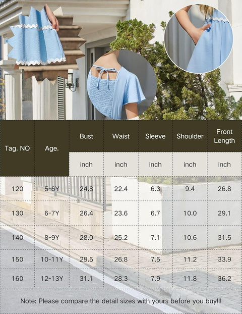 Arshiner Girls Dress Flutter RIC Rac Tiered Short Sleeve Dresses with Pockets