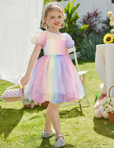 Arshiner Girls Dress Contrast Mesh Puff Flowy Bubble Hem Dresses