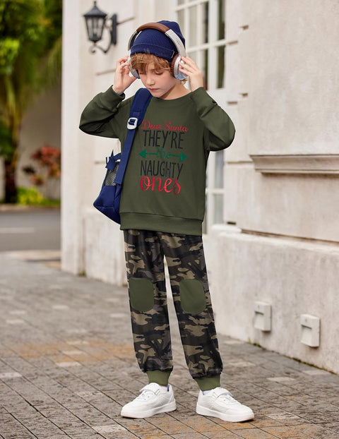 Arshiner Boys Long Sleeve Print Sweatshirt and Pant 2 Piece Set
