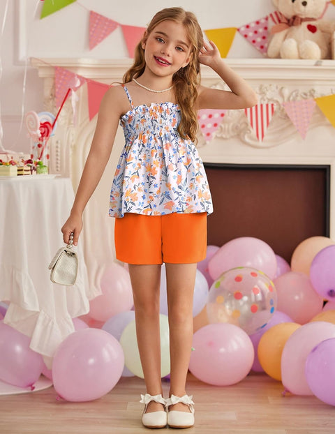 【2-8Y】Arshiner Toddler Girls 2 Piece Outfits Ruffle Hem Camisole & Shorts Set