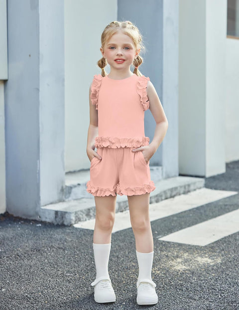 Arshiner Toddler Girls Clothes Ribbed Knit Ruffle Sleeveless Tops and Shorts with Pockets Cute Summer 2 Pieces Short Sets