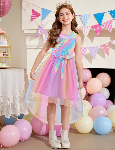 Arshiner Girls Dresses Formal Party Tulle Contrast Mesh Dress with Belt