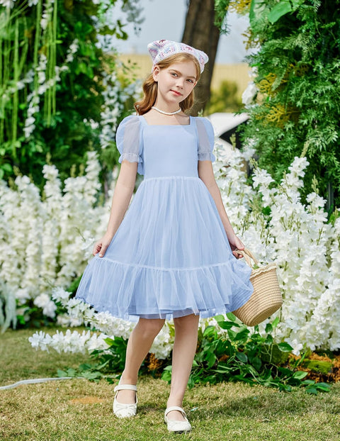 【6-16Y】Arshiner Girls Dresses Tulle Bow Tie Back Puff Sleeve Dress