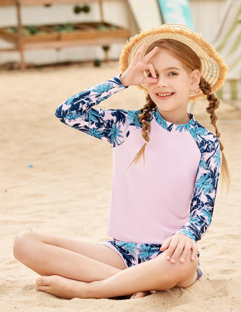 Arshiner Girls 2 Pieces Rash Guard Swimsuit Long Sleeve Summer Bathing Suit Beach Surf Tankini Swimwear for 6-14Y