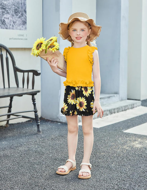 Arshiner Toddler Girls Clothes Ribbed Knit Ruffle Sleeveless Tops and Shorts with Pockets Cute Summer 2 Pieces Short Sets