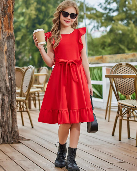 Arshiner Girls Belted Pockets Flutter Sleeve A-line Dresses