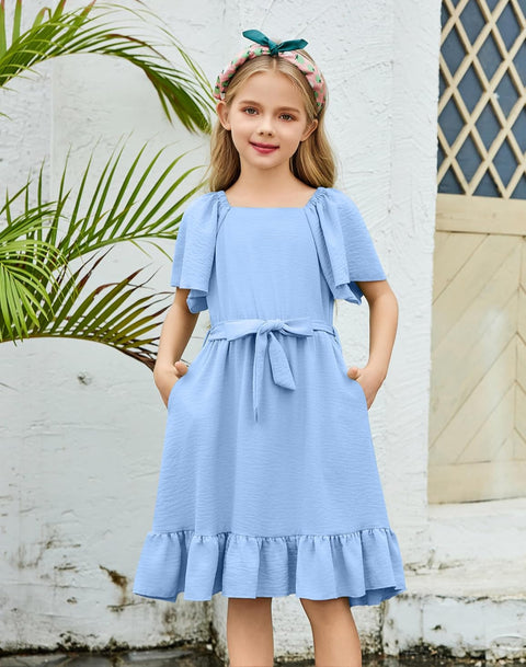 Arshiner Girls Dresses Kids Square Neck Ruffle Hem Belted Dress