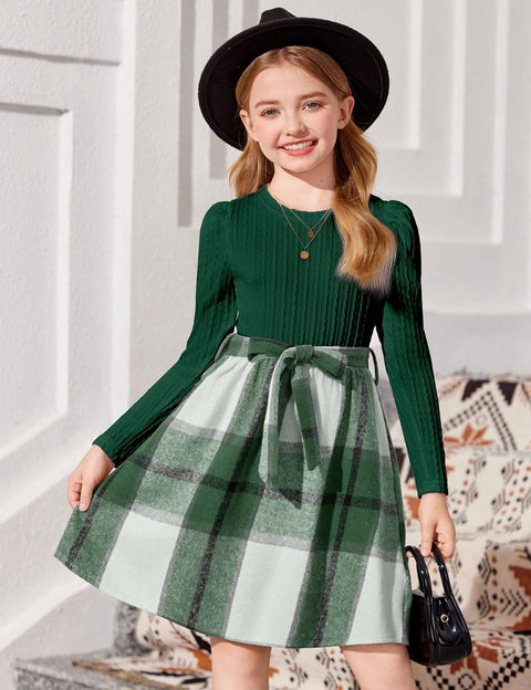 Arshiner Girls Dresses Puff Long Sleeve Rib Knit Plaid Belted Dress