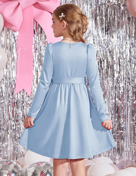 Arshiner Girls Dresses Puff Long Sleeve Formal Belted Dress
