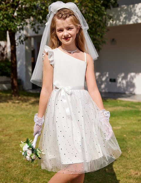 Arshiner Girls Dresses One Shoulder Ruffle Formal Tulle Dress