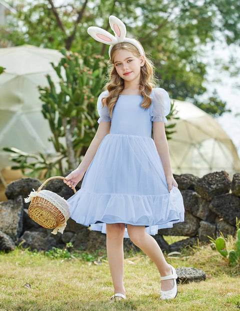 【6-16Y】Arshiner Girls Dresses Tulle Bow Tie Back Puff Sleeve Dress