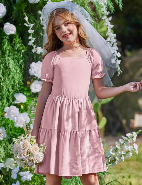 Arshiner Girls Dress Tie Back Short Sleeve Square Neck Tiered Midi Dresses