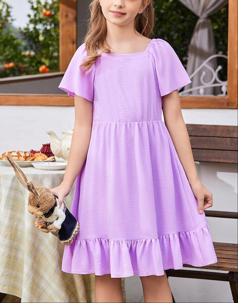 Arshiner Girls Dresses Kids Square Neck Ruffle Hem Belted Dress