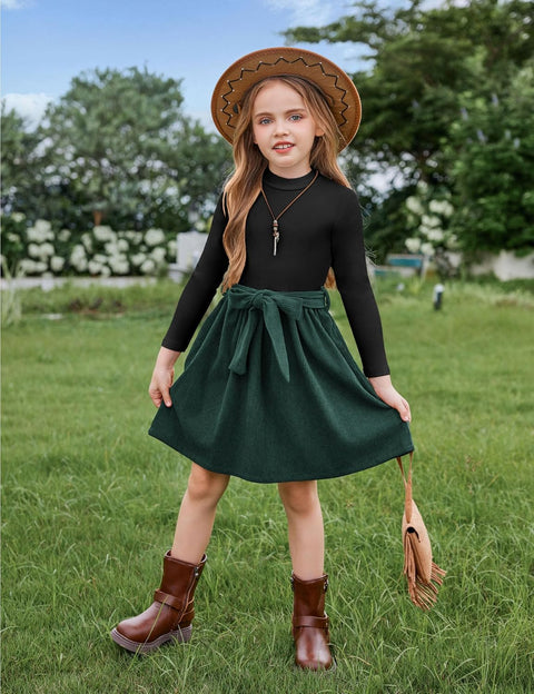 Arshiner Girls Dresses Long Sleeve Rib Knit Plaid Patchwork Belted Dress
