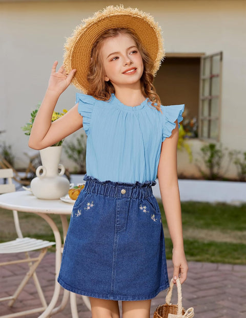 Arshiner Girls Ruffle Short Sleeve Shirts Frill Neck Pleated Blouse Tops