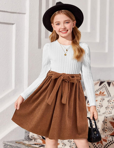 Arshiner Girls Dresses Puff Long Sleeve Rib Knit Plaid Belted Dress