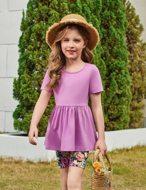 Arshiner Girls Summer Outfits Short Sleeve Ruffle Hem Top and Biker Shorts Set Girl Clothes 6-14 Years