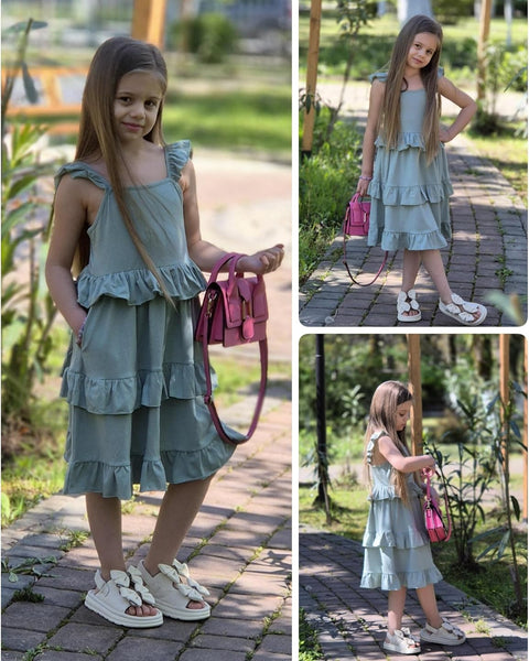 [5-13Y] Arshiner Girls Dresses Ruffle Sleeve Tiered Casual Flowy Swing Sundress