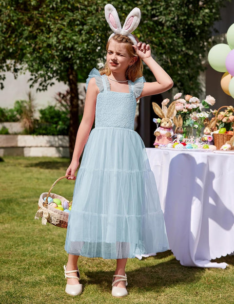 Arshiner Tween Girls Dress Ruffle Sleeve Elastic Straps Smocked Tulle Sundress
