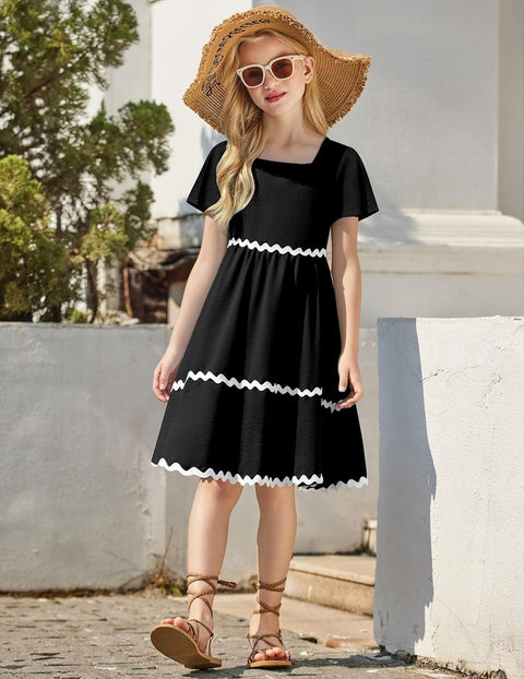 Arshiner Girls Dress Flutter RIC Rac Tiered Short Sleeve Dresses with Pockets