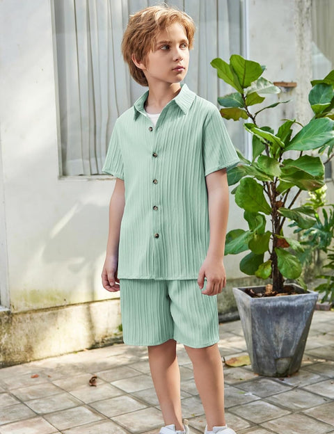 [5Y-12Y] Arshiner Boy's Textured Button Up Shirt and Shorts Set
