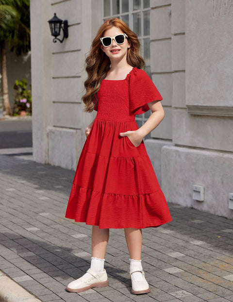 Arshiner Girls Dress Boho Smocked Swing Flowy Ruffle Midi Dresses