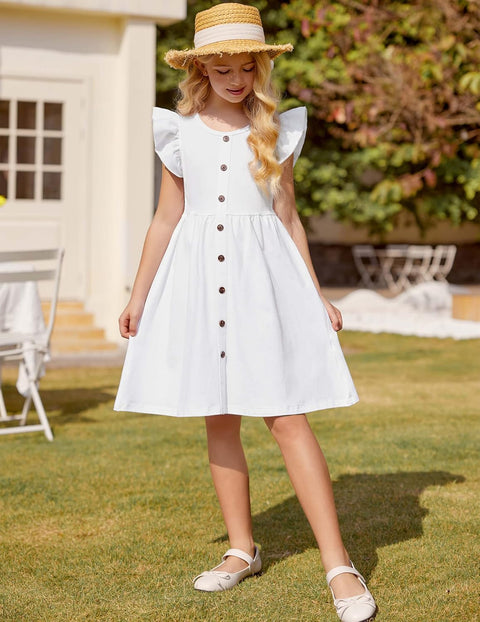 Arshiner Girls Dress Flutter Sleeve A-Line Button Down Sundress