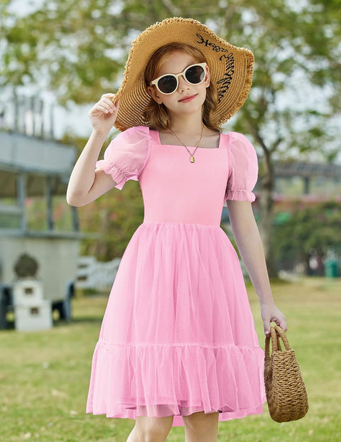 【6-16Y】Arshiner Girls Dresses Tulle Bow Tie Back Puff Sleeve Dress