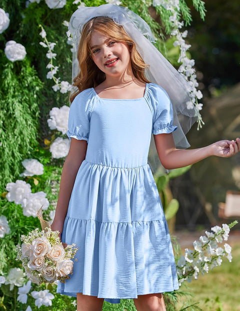 Arshiner Girls Dress Tie Back Short Sleeve Square Neck Tiered Midi Dresses