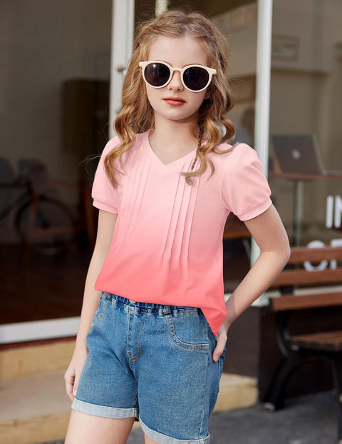 Arshiner Girls Puff Short Sleeve Shirts Pleated Tunic Top