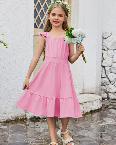 Arshiner Girls Dress Casual Flutter Sleeve Tiered Midi Sundress