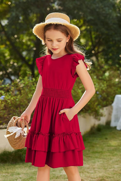 Arshiner Girls Dresses Flutter Sleeve A-Line Sundress Casual Summer Tiered Swing Midi Pocket Dress