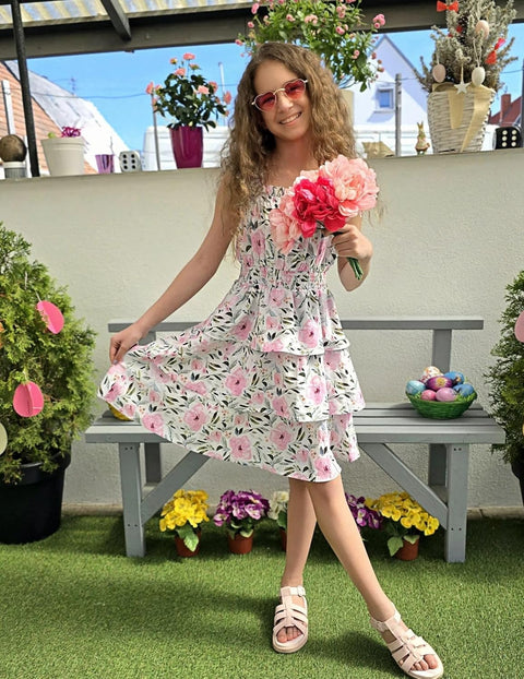 [6-14Y] Arshiner Girls Dresses Ruffle Flutter Sleeve Floral Tiered Party Dress