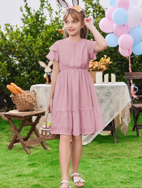 Arshiner Girls Dresses Formal Ruffle Sleeve Chiffon Pleated Dress