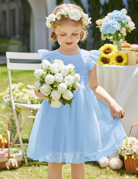 【2-8Y】Arshiner Toddler Lace Tutu Dresses Ruffle Sleeve 3 Layers Tulle Flower Dress