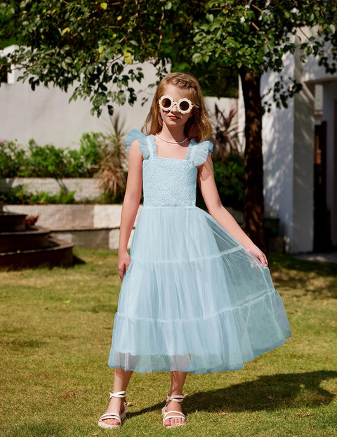 Arshiner Tween Girls Dress Ruffle Sleeve Elastic Straps Smocked Tulle Sundress