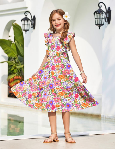 Arshiner Girls Tie Back Dress Tween Boho Flutter Sleeve Maxi Dresses